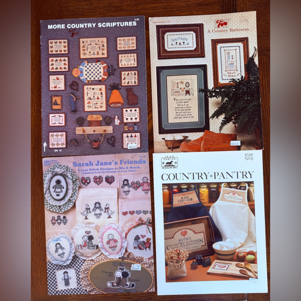 Vintage Cross Stitch leaflet patterns lot of 4 Country scriptures pantryโ bath
